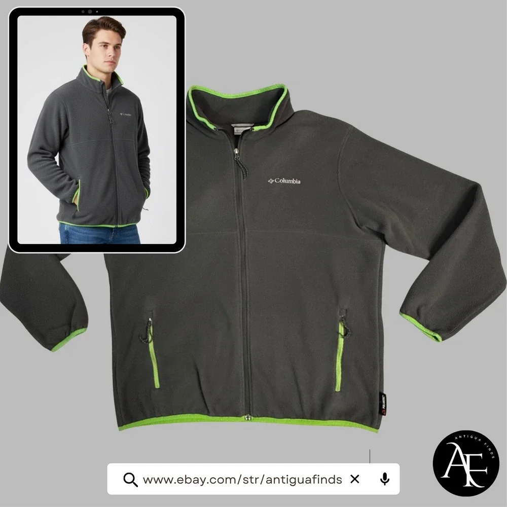 Columbia Polartec Fleece Jacket Mens XL Full Zip Gray Lime Green Hiking Outdoor